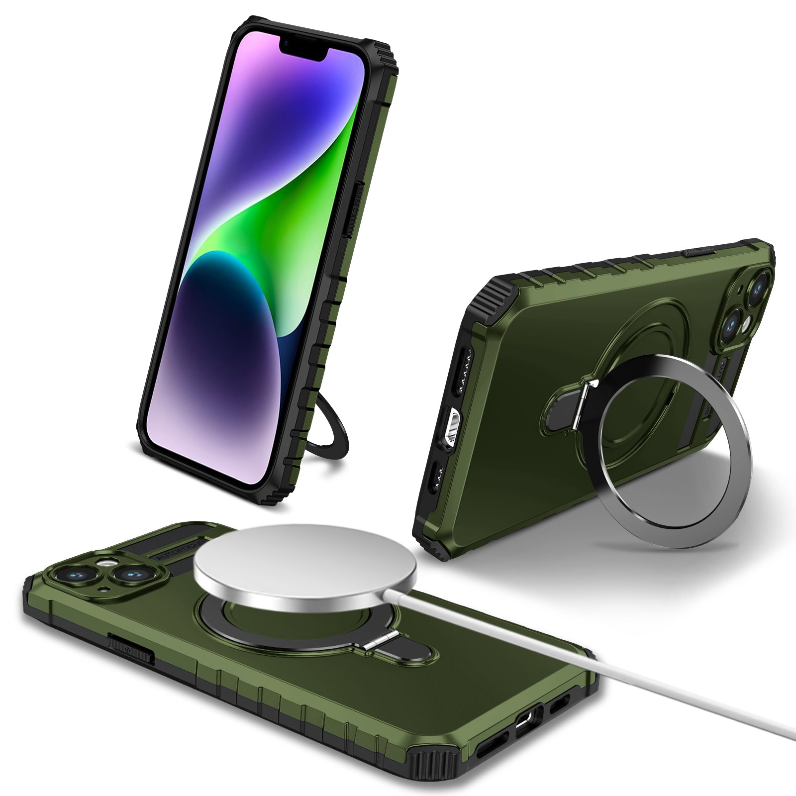 Compatible with MagSafe Charger Phone Cover for iPhone 14 Plus TPU+PC Kickstand Matte Phone Case - Blackish Green Compatible with MagSafe Charger Phone Cover for iPhone 14 Plus TPU+PC Kickstand Matte Phone Case - Blackish Green